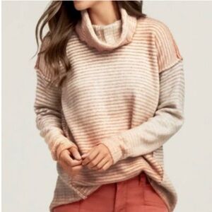 CAbi Striped Cowl Neck Sweater - Peach light blue and Taupe
